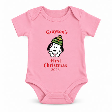 Personalized First Christmas 2026 Christmas Tree Hat Baby Bodysuit