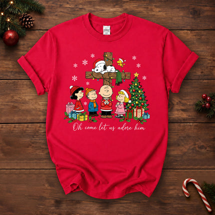 Oh Come Let Us Adore Him Christian Christmas Cross T-Shirt