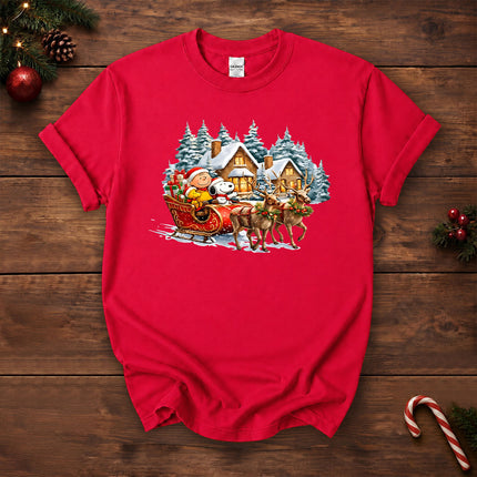 Christmas Reindeer Sleigh Ride Snowy Village T-Shirt