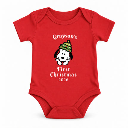 Personalized First Christmas 2026 Christmas Tree Hat Baby Bodysuit