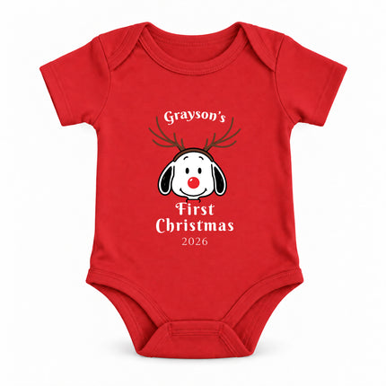 Personalized First Christmas 2026 Reindeer Name Baby Bodysuit