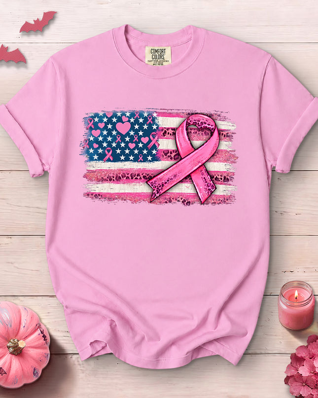 Comfort Colors Patriotic Breast Cancer Awareness Pink Ribbon T-Shirt