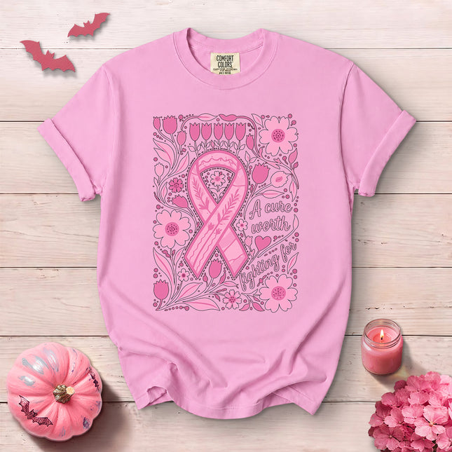 Comfort Colors Breast Cancer Awareness A Cure Worth Fighting Tulip Floral T-Shirt