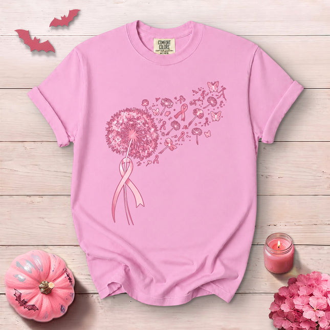 Comfort Colors Breast Cancer Awareness Pink Dandelion Ribbon Butterfly T-Shirt