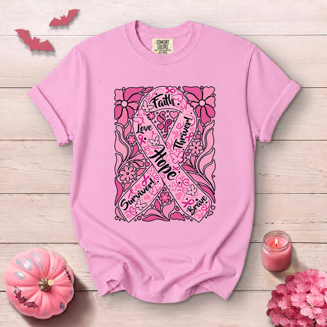 Comfort Colors Breast Cancer Awareness Faith Hope Survivor Floral T-Shirt