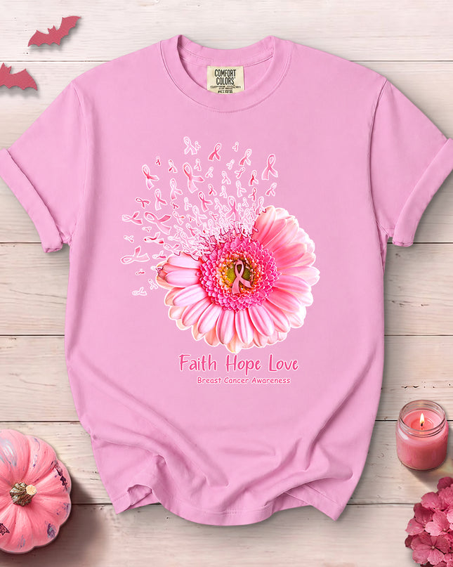Comfort Colors Faith Hope Love Breast Cancer Awareness Flower T-Shirt