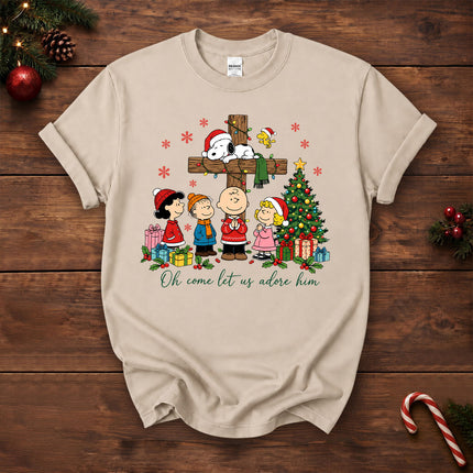 Oh Come Let Us Adore Him Christian Christmas Cross T-Shirt