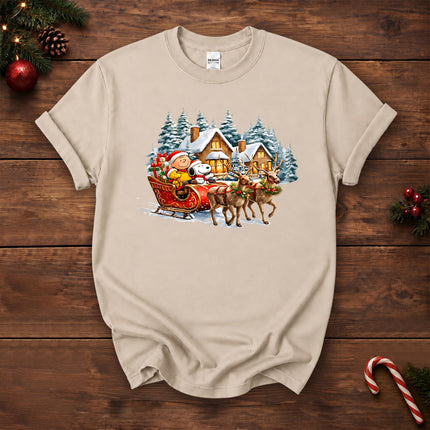 Christmas Reindeer Sleigh Ride Snowy Village T-Shirt