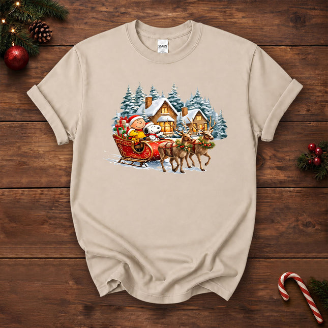 Christmas Reindeer Sleigh Ride Snowy Village T-Shirt