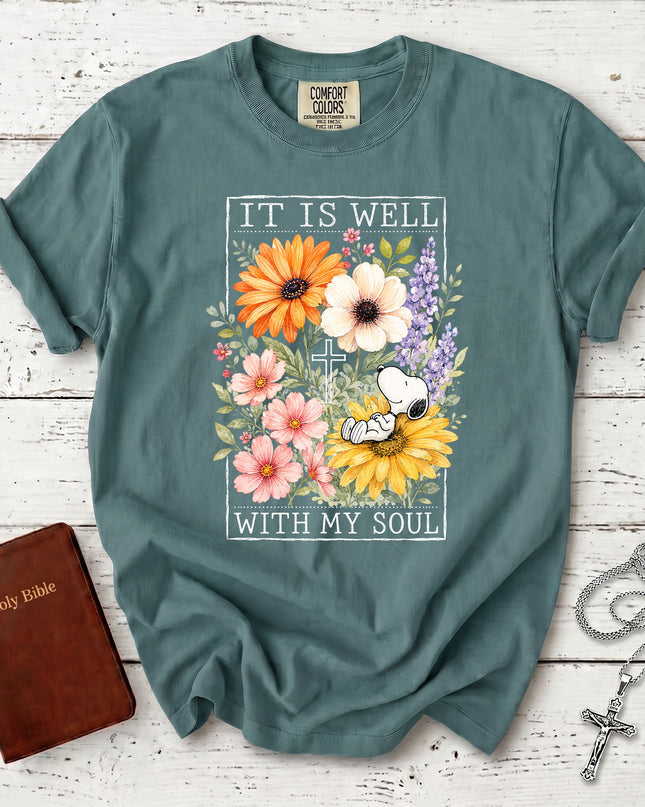 Comfort Colors It Is Well With My Soul Christian Floral Cross T-Shirt
