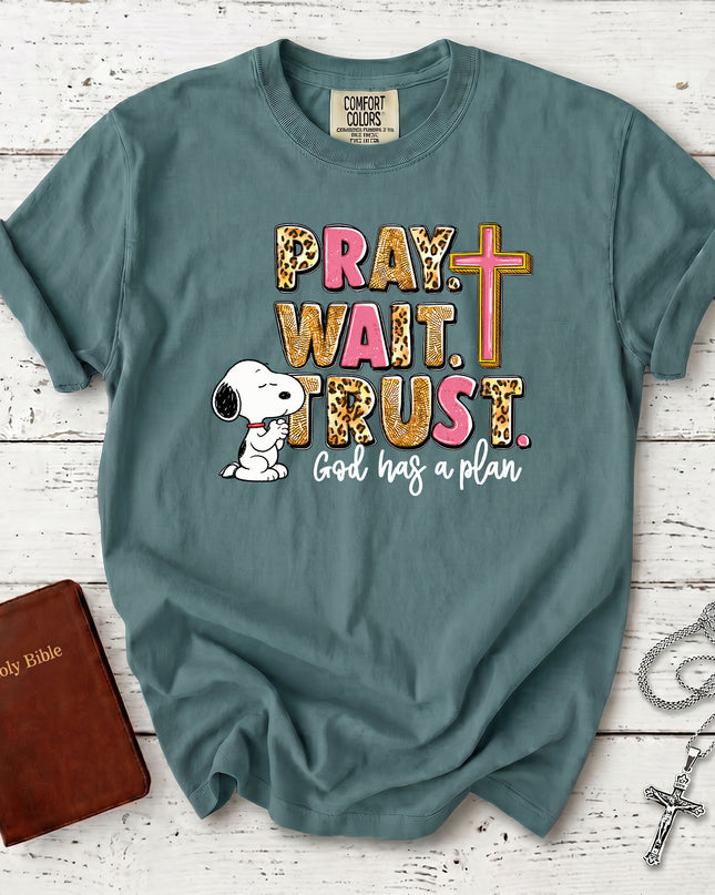 Comfort Colors Pray Wait Trust God Has a Plan Christian Cross Faith T-Shirt