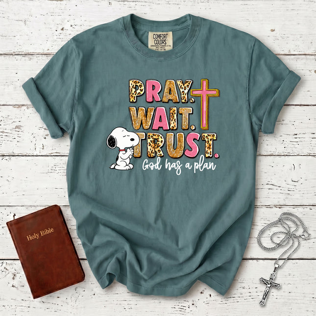 Comfort Colors Pray Wait Trust God Has a Plan Christian Cross Faith T-Shirt