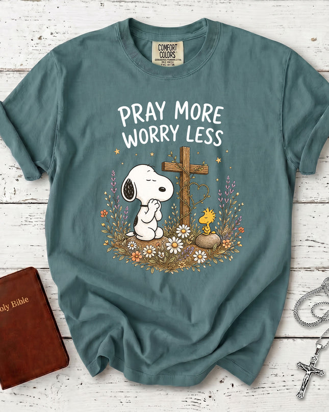 Comfort Colors Pray More Worry Less Christian Cross Floral Faith T-Shirt
