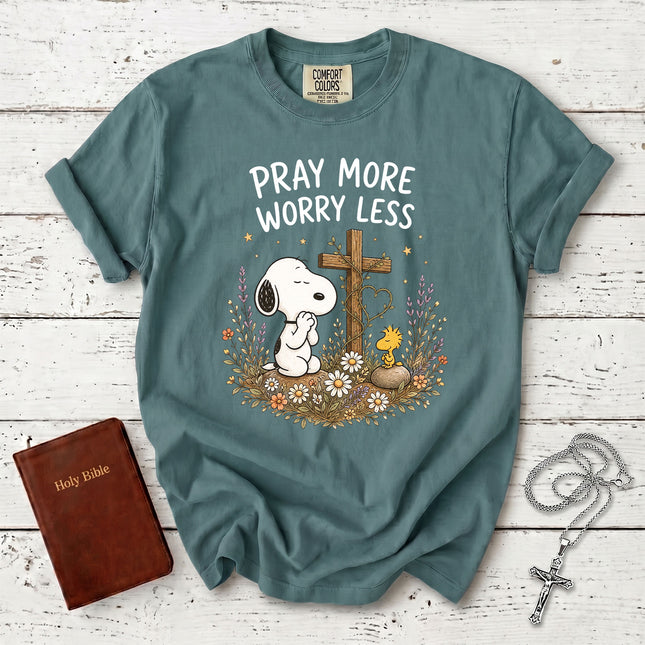 Comfort Colors Pray More Worry Less Christian Cross Floral Faith T-Shirt