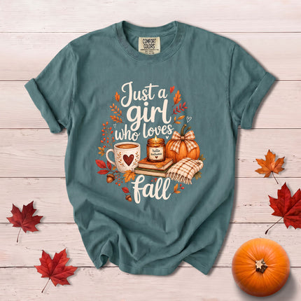 Comfort Colors Fall Autumn Just A Girl Who Loves Fall Pumpkin Coffee T-Shirt