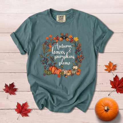 Comfort Colors Fall Autumn Leaves Pumpkins Wreath Thanksgiving T-Shirt