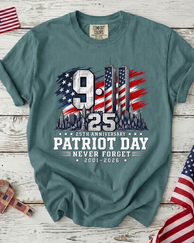 Comfort Colors 25th Patriot Day 9 11 Never Forget American Flag T-Shirt