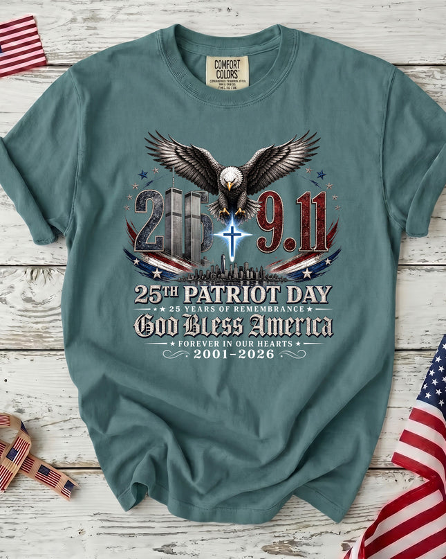 Comfort Colors 25th Patriot Day God Bless America Eagle Cross T-Shirt