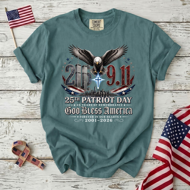 Comfort Colors 25th Patriot Day God Bless America Eagle Cross T-Shirt
