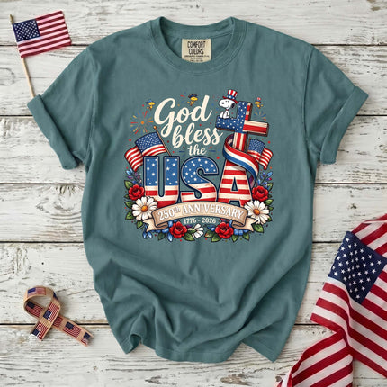SEAFOAM_025a952d-c171-4284-ad81-1a2bed8b5cdc - AuraNations - Comfort Colors God Bless The USA 250th Anniversary Cross Dog T-Shirt - Seafoam / S - 250TH ANNIVERSARY, ALL, COMFORT COLORS, NO CUSTOM, PRODUCTS, SNPY, TSHIRT