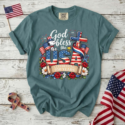 Comfort Colors God Bless The USA Celebrating 250 Years Cross Dog T-Shirt
