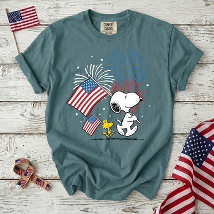 SEAFOAM_2c9110f8-2ea8-4f6e-8c90-59bc72478fc5 - AuraNations - Comfort Colors Fireworks Patriotic Marching Flag Dog T-Shirt - Seafoam / S - 250TH ANNIVERSARY, ALL, COMFORT COLORS, NO CUSTOM, PRODUCTS, SNPY, TSHIRT