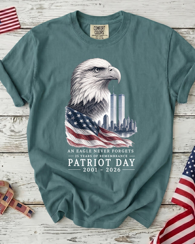 Comfort Colors 25th Anniversary Patriot Day 911 Eagle Never Forgets Memorial T-Shirt