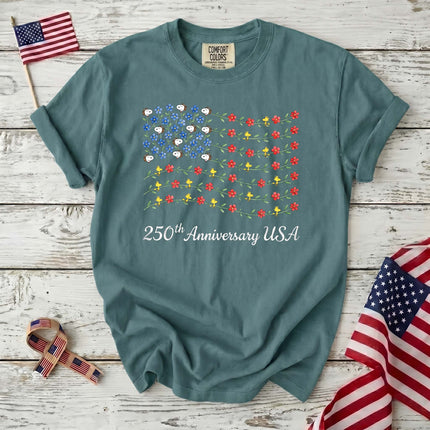 Comfort Colors 250th Anniversary USA Floral Vine Flag Dog And Bird T-Shirt