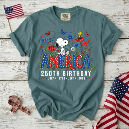 Comfort Colors America 250th Birthday Floral Sitting Dog T-Shirt