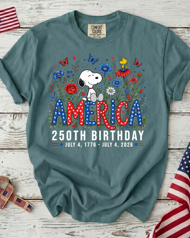 Comfort Colors America 250th Birthday Floral Sitting Dog T-Shirt