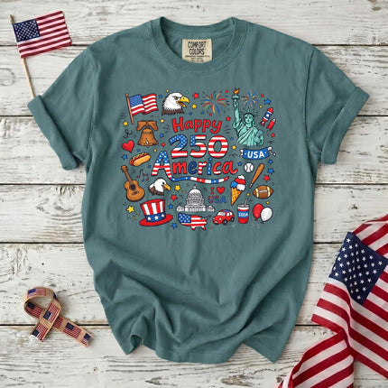 Comfort Colors Happy 250 America Patriotic Icons Doodle T-Shirt