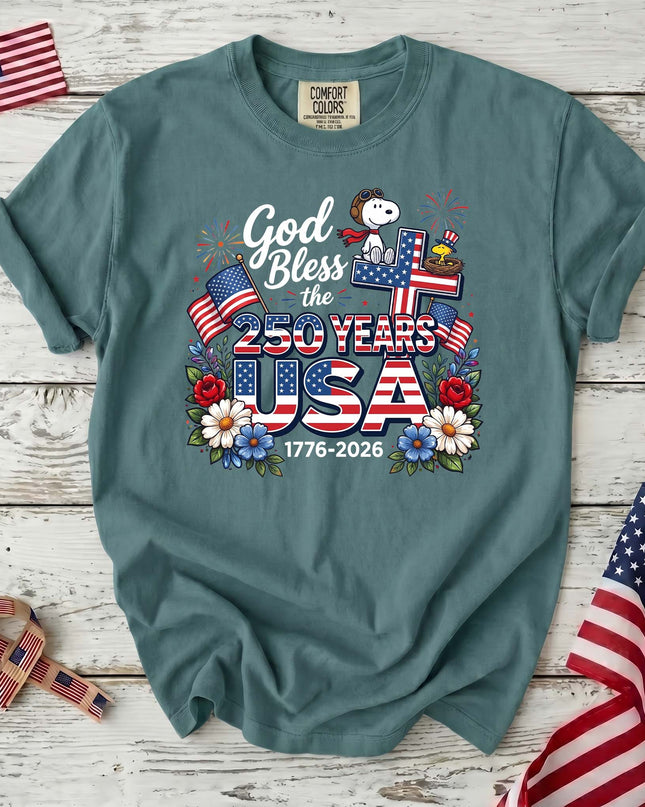 SEAFOAM_eb7b0ab7-8e6f-465a-8ba4-aed1ea1df558 - AuraNations - Comfort Colors God Bless The USA 250 Years Patriotic Cross T-Shirt - Seafoam / S - 250TH ANNIVERSARY, ALL, COMFORT COLORS, NO CUSTOM, PRODUCTS, SNPY, TSHIRT