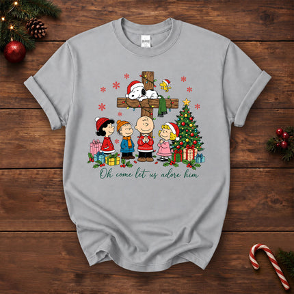 Oh Come Let Us Adore Him Christian Christmas Cross T-Shirt