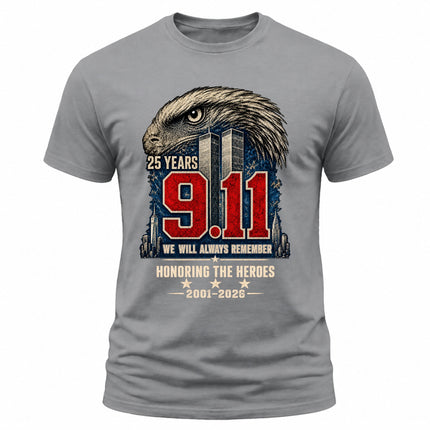 9/11 25th Anniversary Never Forget Honoring Heroes Memorial Patriotic T-Shirt