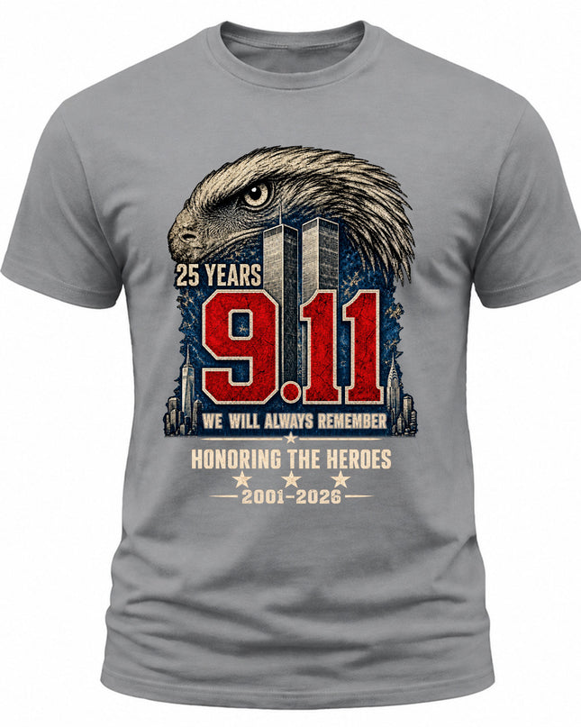 9/11 25th Anniversary Never Forget Honoring Heroes Memorial Patriotic T-Shirt