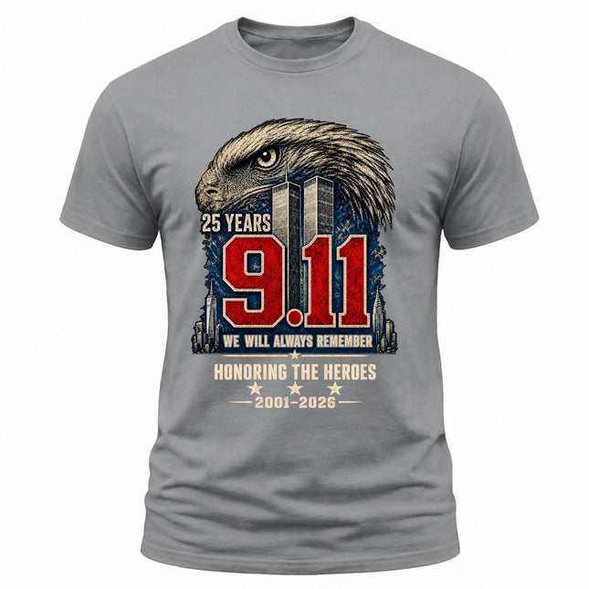 9/11 25th Anniversary Never Forget Honoring Heroes Memorial Patriotic T-Shirt