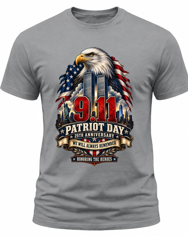 9/11 Patriot Day 25th Anniversary Never Forget Memorial Honoring Heroes T-Shirt