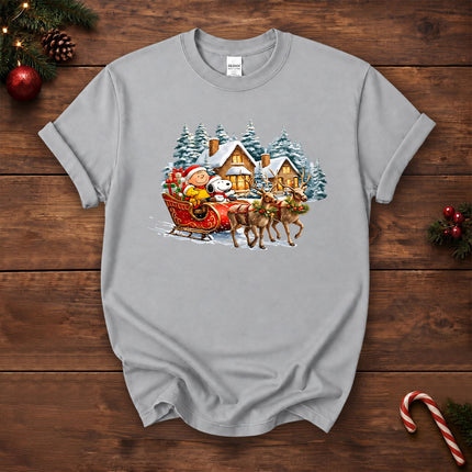 Christmas Reindeer Sleigh Ride Snowy Village T-Shirt