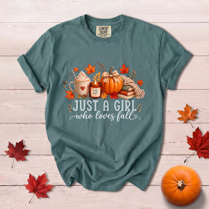 Comfort Colors Fall Autumn Just A Girl Who Loves Fall Pumpkin Coffee Cozy T-Shirt