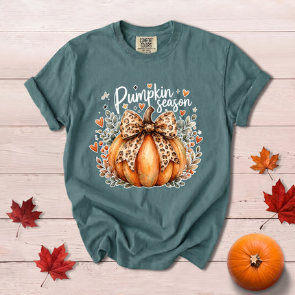 Comfort Colors Fall Autumn Pumpkin Season Leopard Bow Thanksgiving T-Shirt