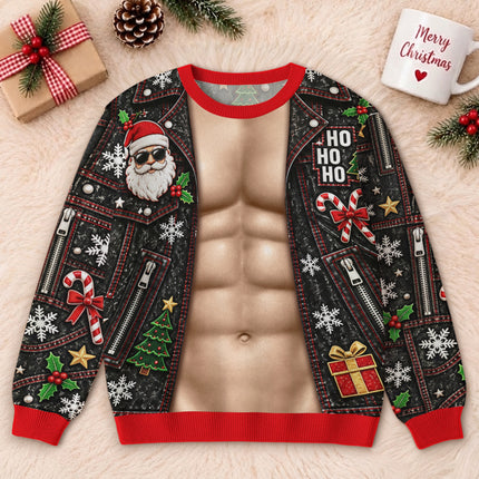 Funny Six Pack Christmas Ugly Sweatshirt Fake Abs Biker Santa Party Outfit