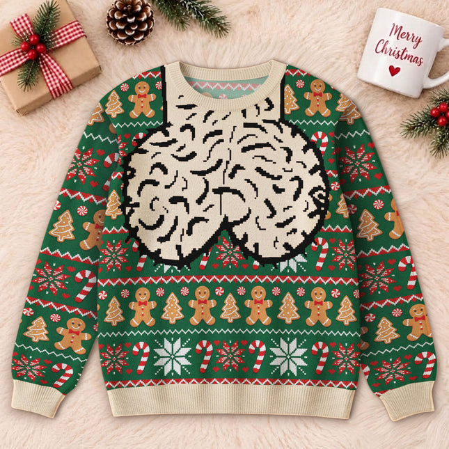 Funny Brain Christmas Ugly Sweatshirt Gingerbread Candy Cane Holiday Sweater