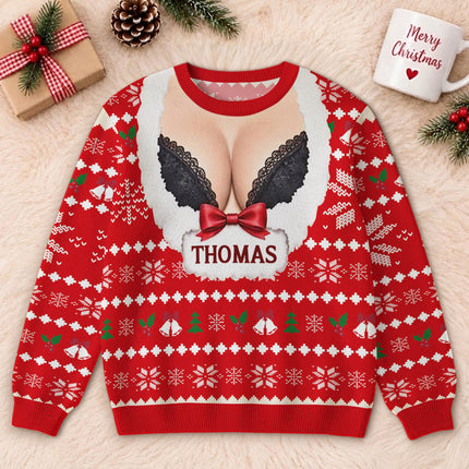 Personalized Naughty Christmas Ugly Sweatshirt Funny Fake Cleavage Design