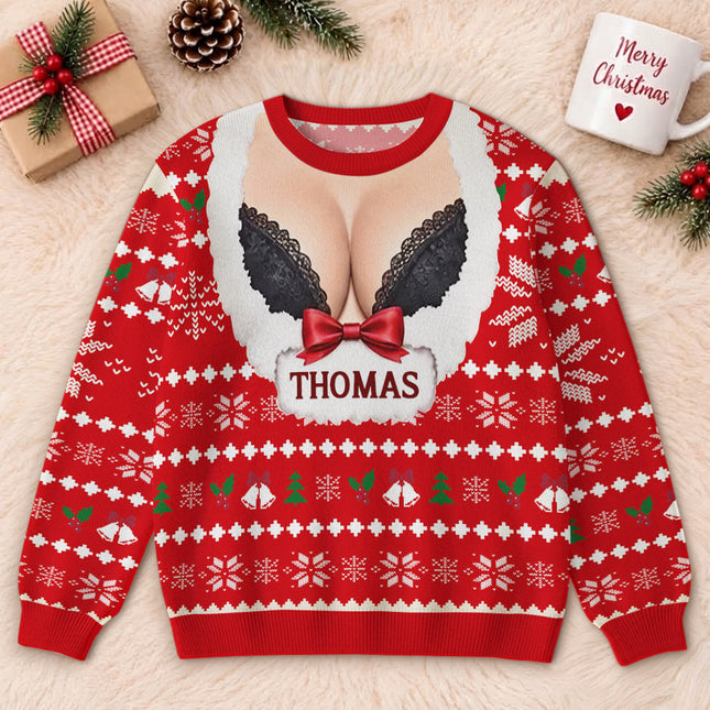 Personalized Naughty Christmas Ugly Sweatshirt Funny Fake Cleavage Design