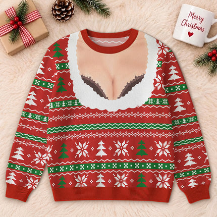 Funny Christmas Ugly Sweatshirt Faux Cleavage Holiday Print