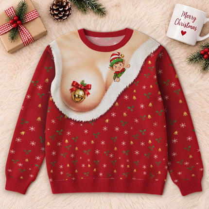Funny Jingle Bell Ugly Sweatshirt Naughty Christmas Elf Chest Illusion