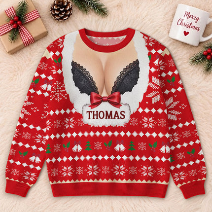 Personalized Naughty Christmas Ugly Sweatshirt Funny Fake Cleavage Design