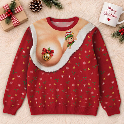 Funny Jingle Bell Ugly Sweatshirt Naughty Christmas Elf Chest Illusion