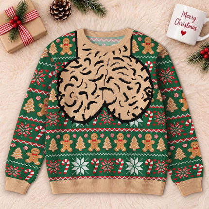Funny Brain Christmas Ugly Sweatshirt Gingerbread Candy Cane Holiday Sweater