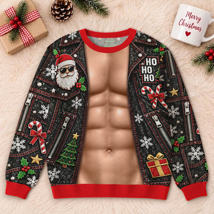 Funny Six Pack Christmas Ugly Sweatshirt Fake Abs Biker Santa Party Outfit